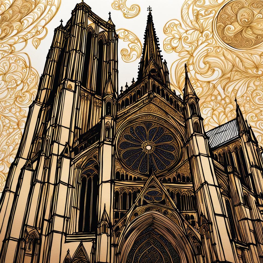 Strasbourg Cathedral: Detailed Ink Sketch Illustration