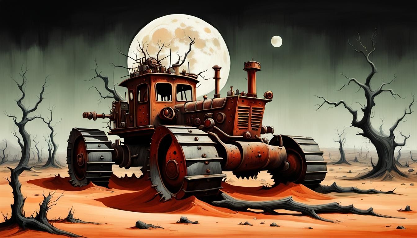 generate surrealist painting by Yves Tanguy. rusty and broken steampunk bulldozer abandoned in the desert overgrown with...