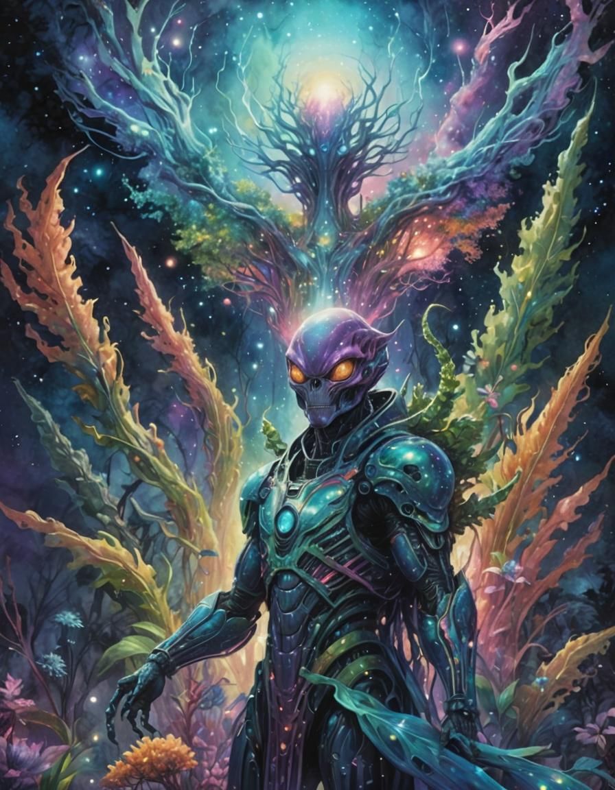 Astral Alien Landscape in Watercolor Style