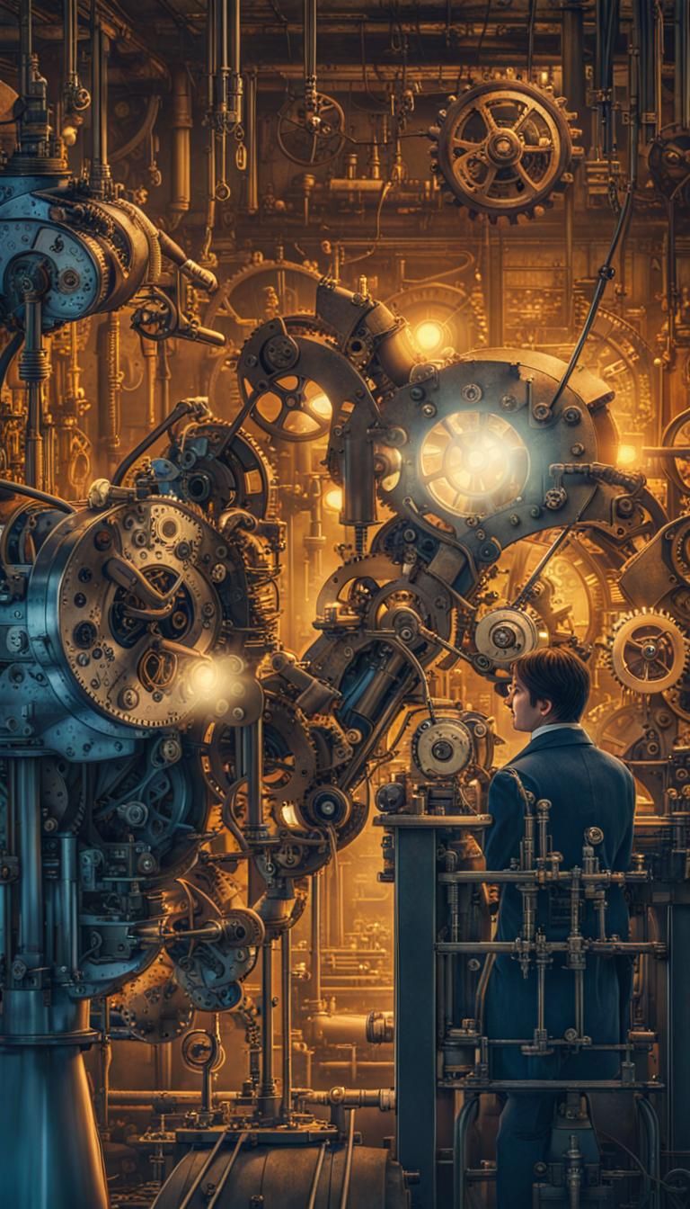 Clockwork Inventor in Steampunk Workroom at Twilight
