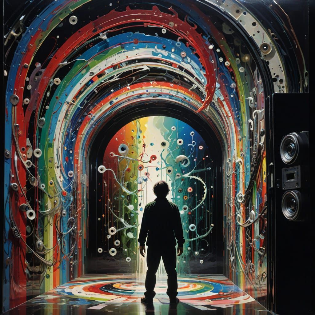 Surreal Videotape Reel at the Pearly Gates in Vibrant Pop-Ar...