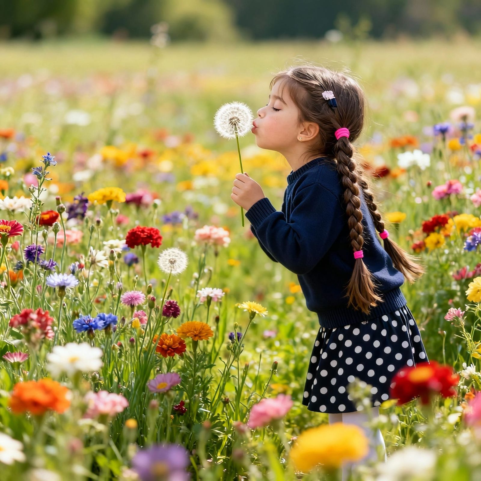 Little Girl Blows Dandelion in Vibrant Flower Field