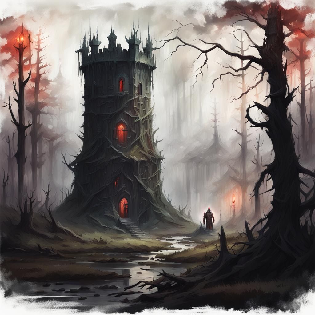 Medieval Tower in Dark, Mystical Swamp Landscape