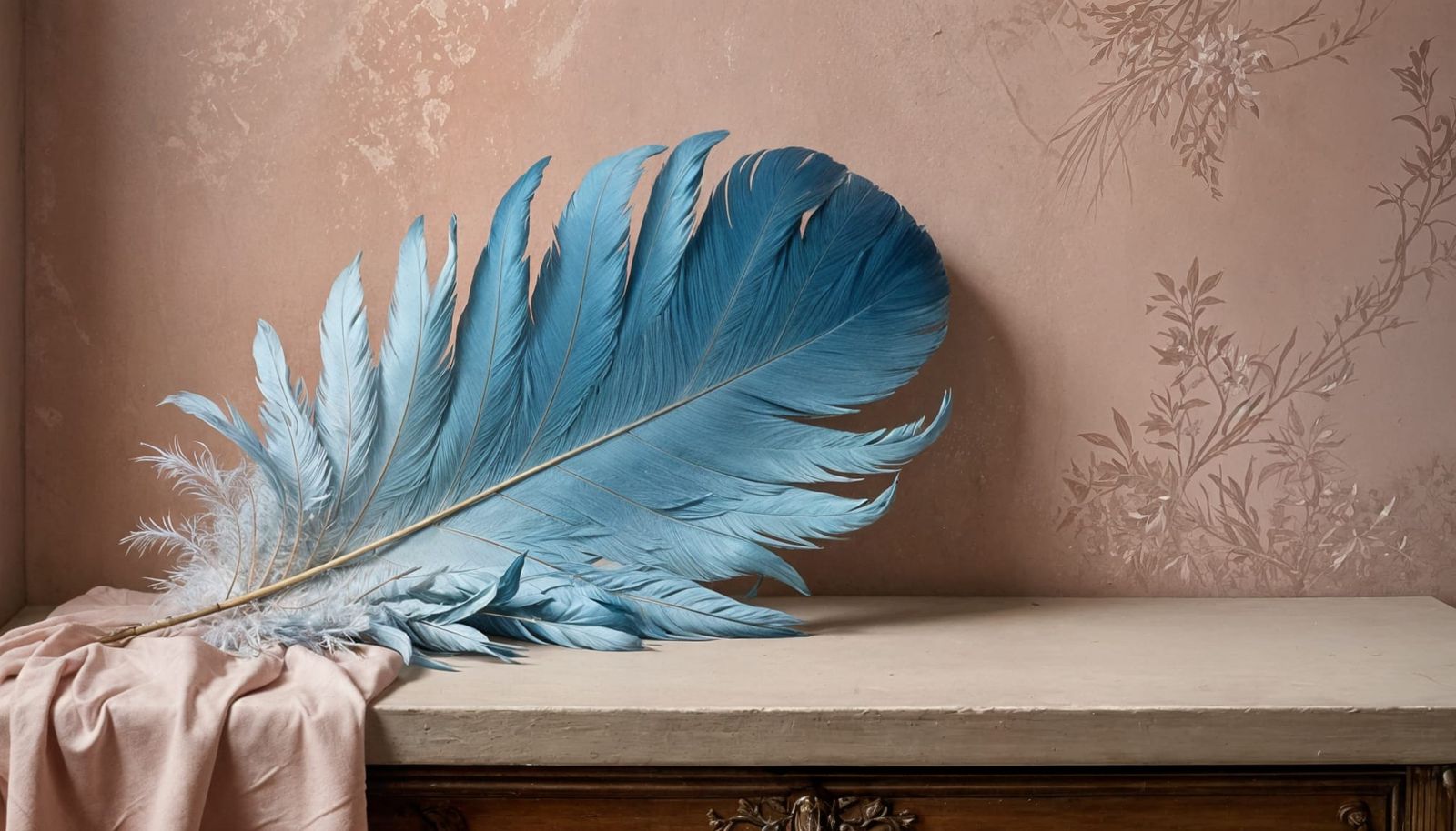Delicate Blue Feather in Soft Pink Atelier