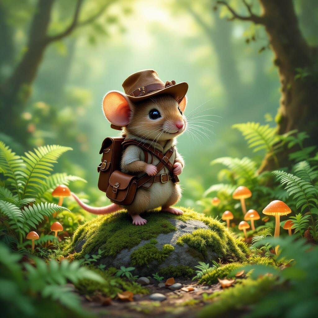 Tiny Adventurer Mouse-Humanoid in Sun-Dappled Forest