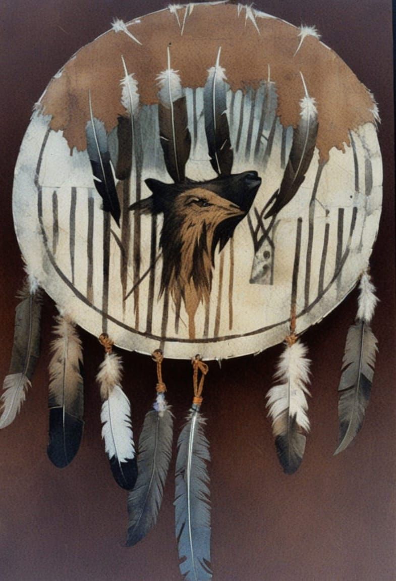 Native American War Shield with Eagle Feathers and Bear Draw...