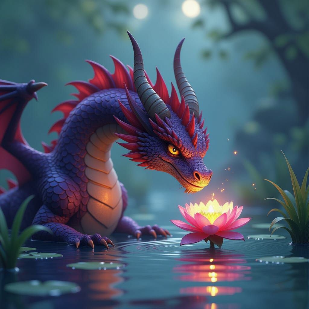 Dragon Sniffing Glowing Flower in Watercolor Style