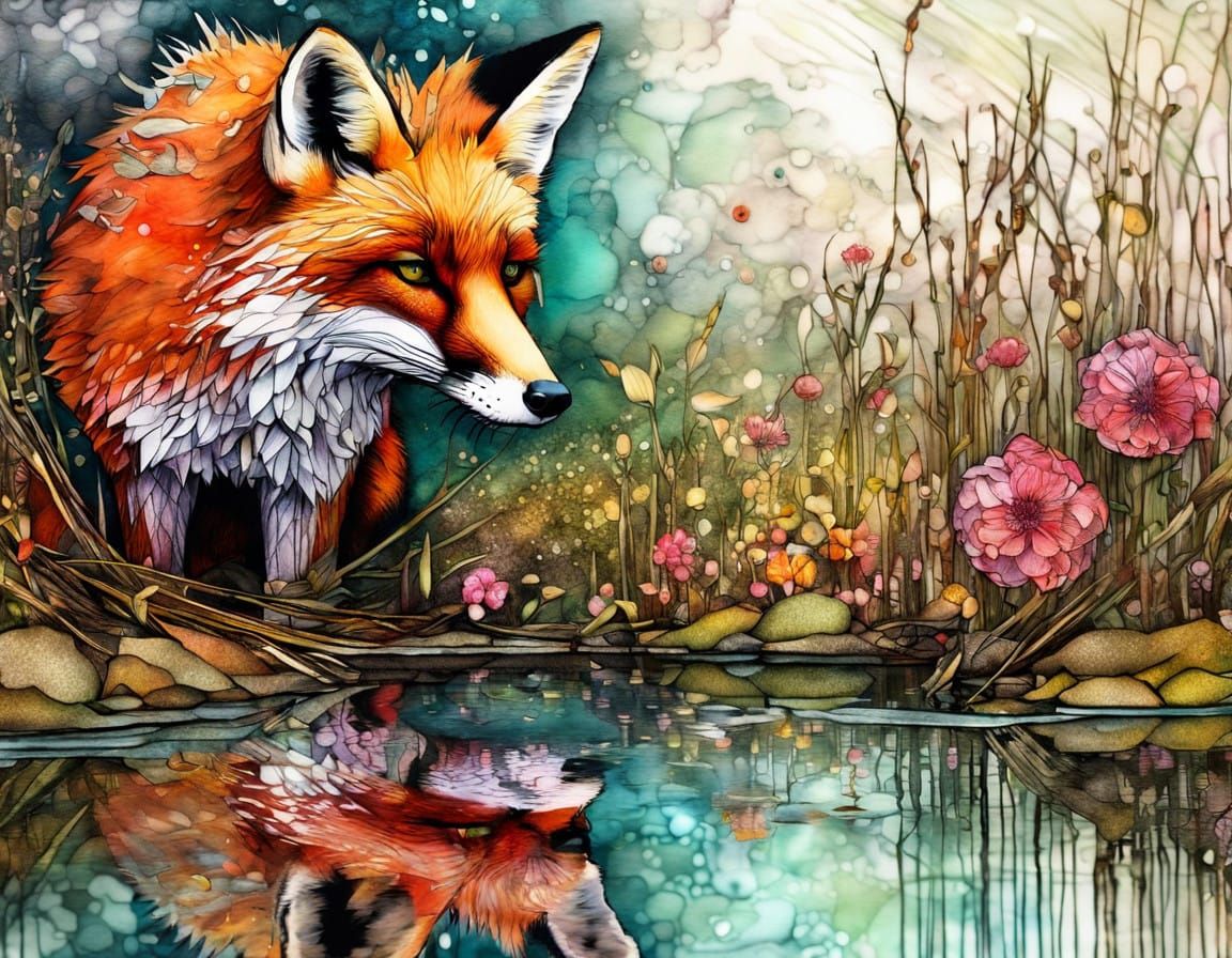 Vibrant Red Fox Amidst a Blooming Marsh