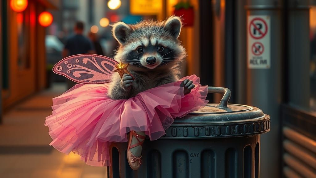 Raccoon Fairy Ballerina on a Trashcan in Alcohol Ink Style