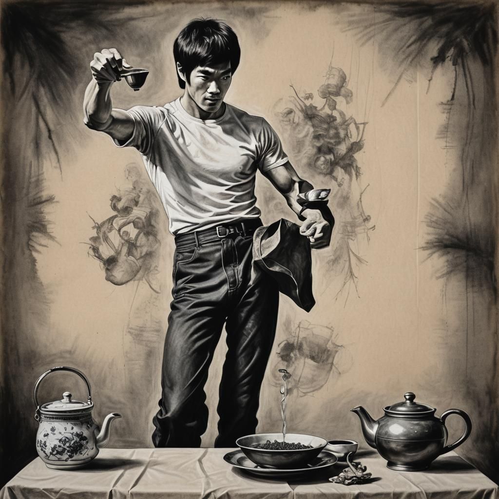 Bruce Lee Balances Tea Set: Charcoal Drawing