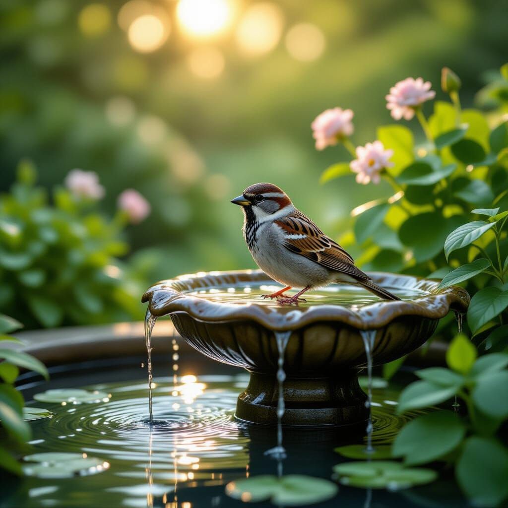 Sparrow in Dew-Kissed Garden Fountain: Photorealistic Art