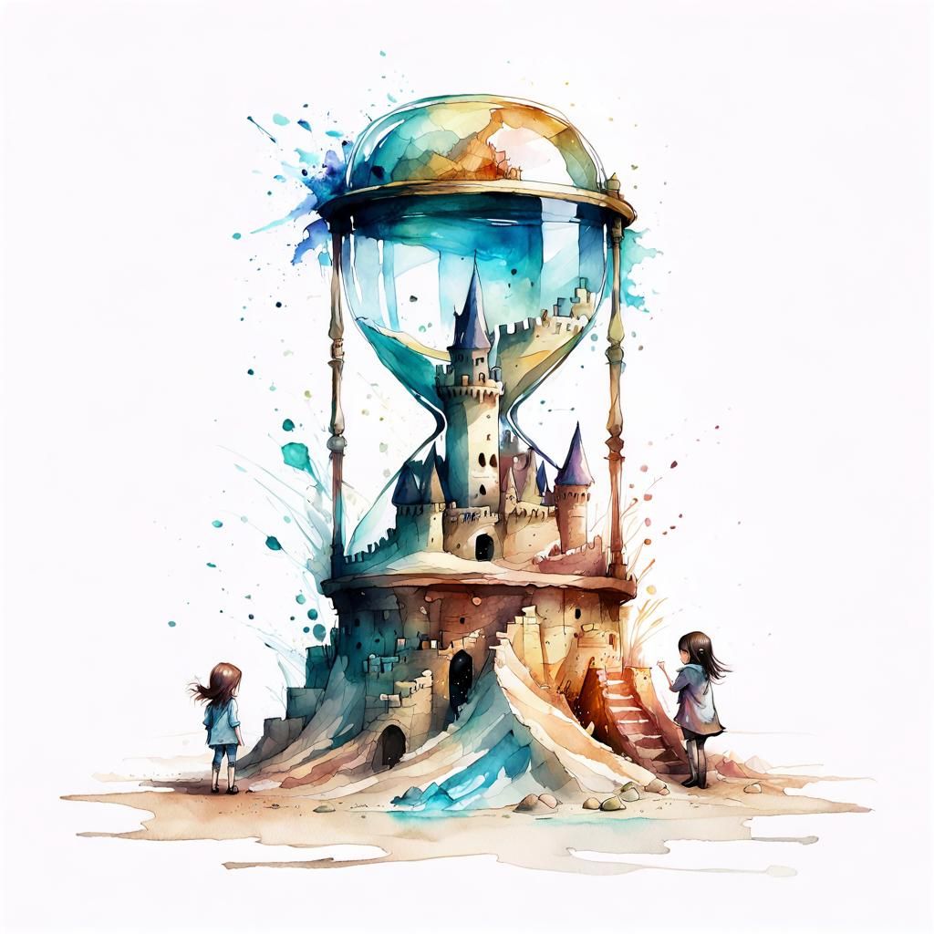 Hourglass Sandcastle: Digital Watercolor Art
