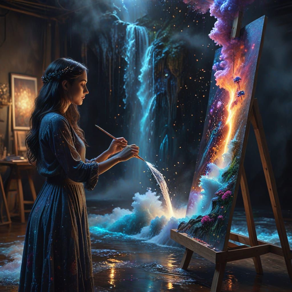 Artist Painting Cosmic Waterfall in Octane Render