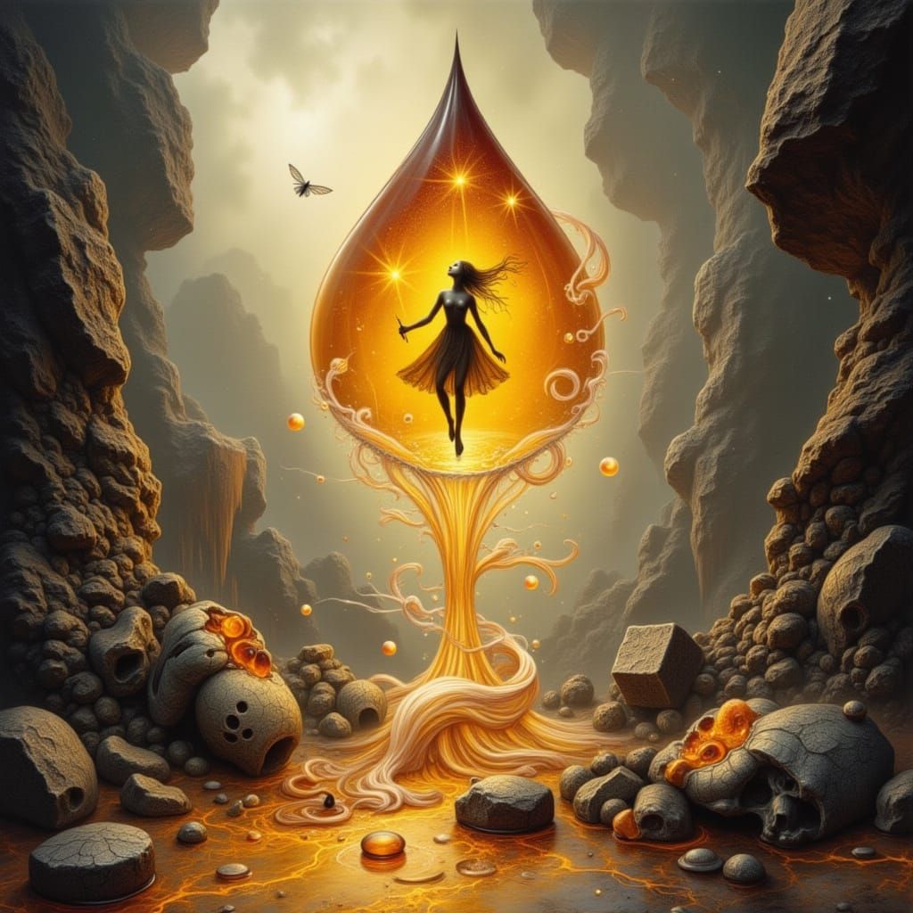 Dragon-Woman Hybrid in Amber, Surreal Optical Art