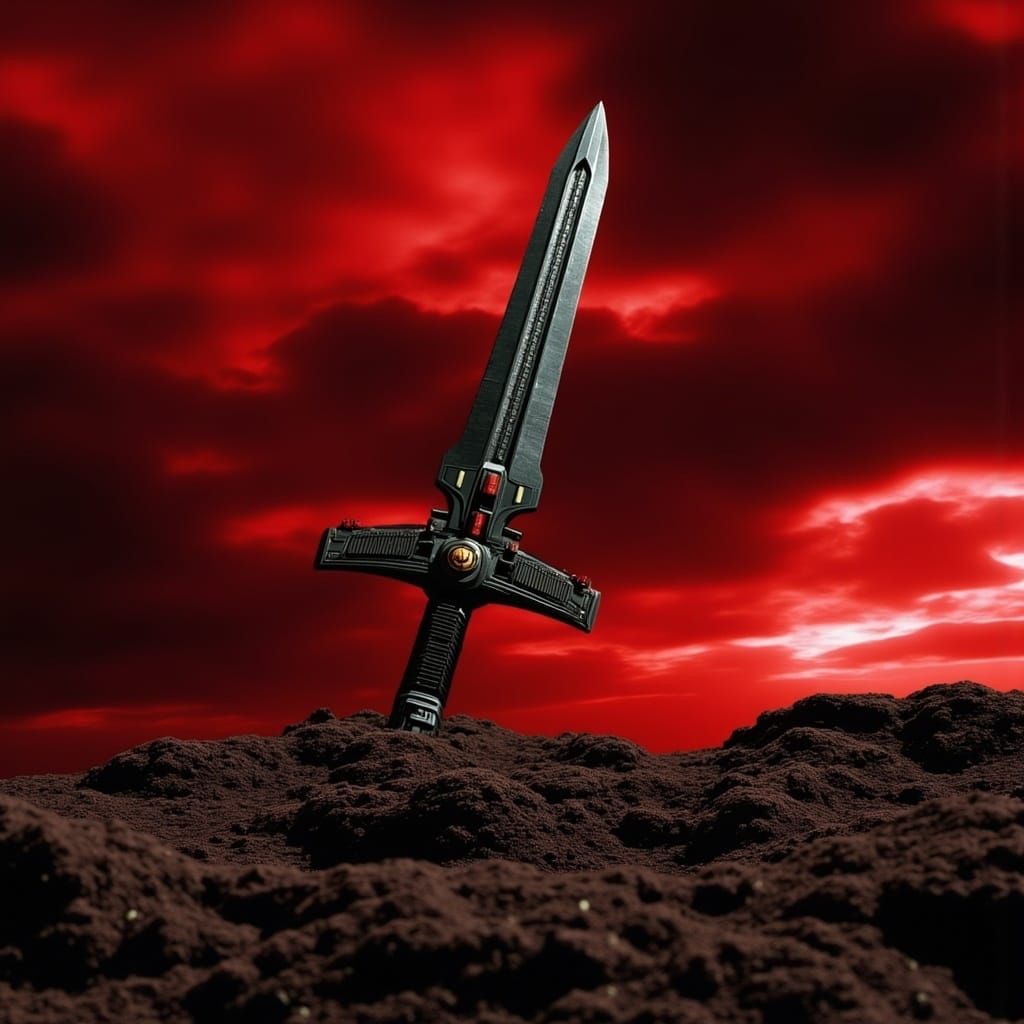 Battle-Worn Sword Gleaming Under Red Sky