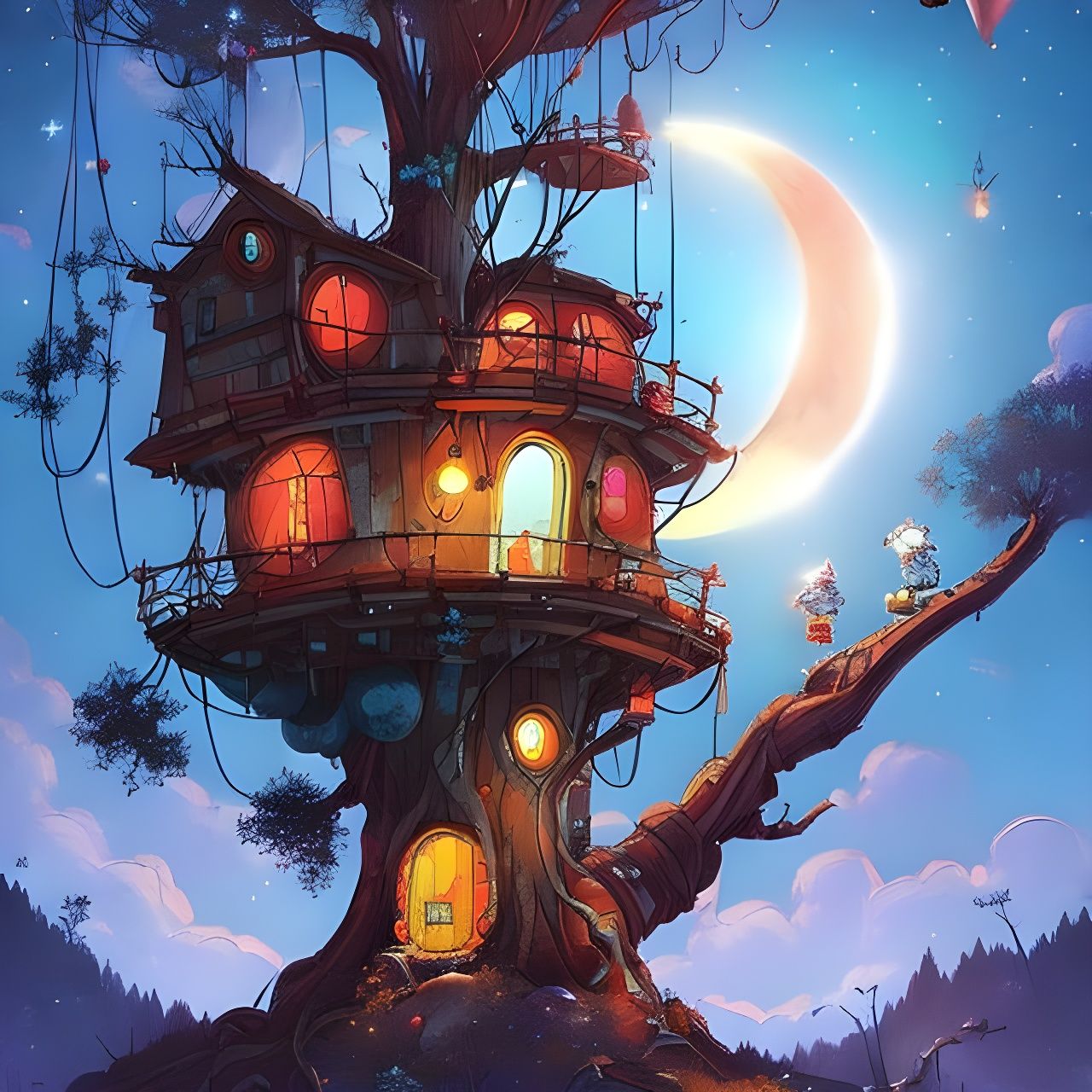 Whimsical Treehouse Under a Luminous Moonlit Sky
