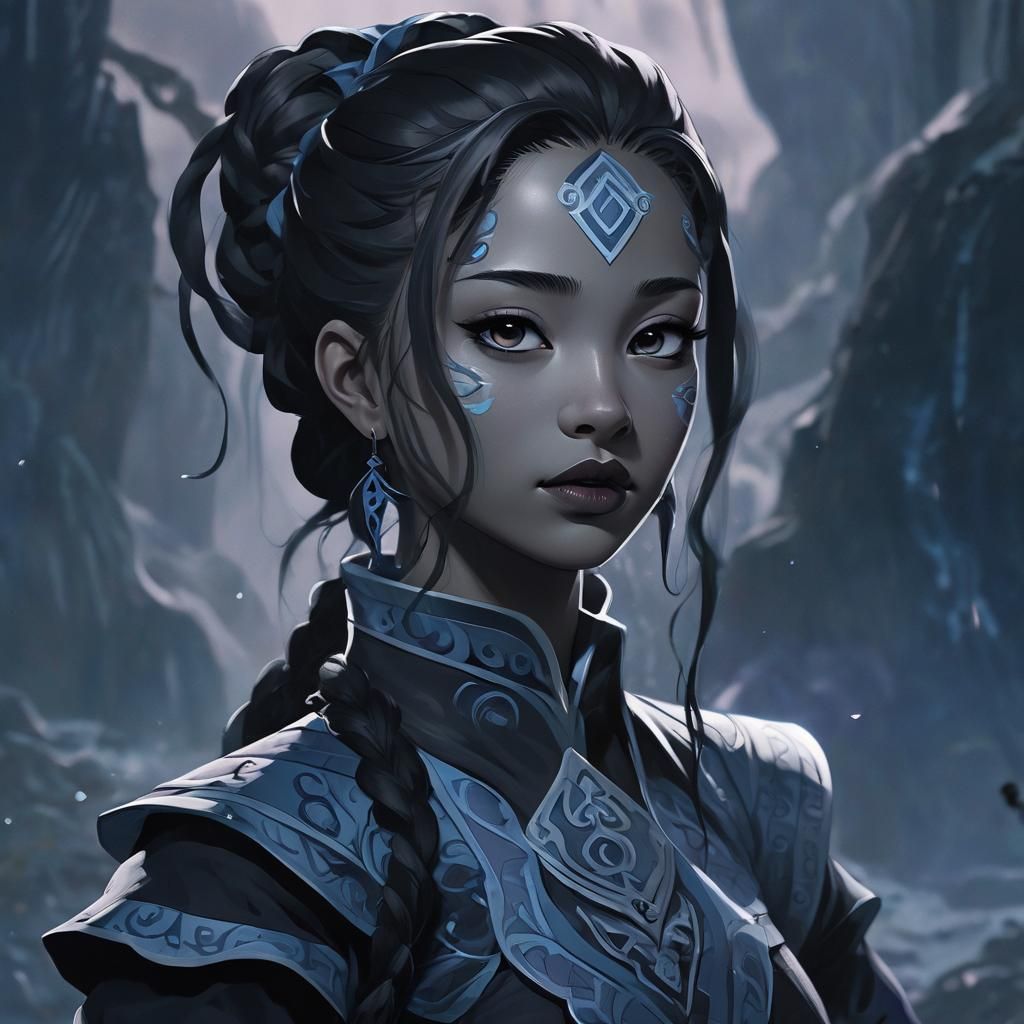 Katara as a Gothic Waterbender in Dark Blue Hues