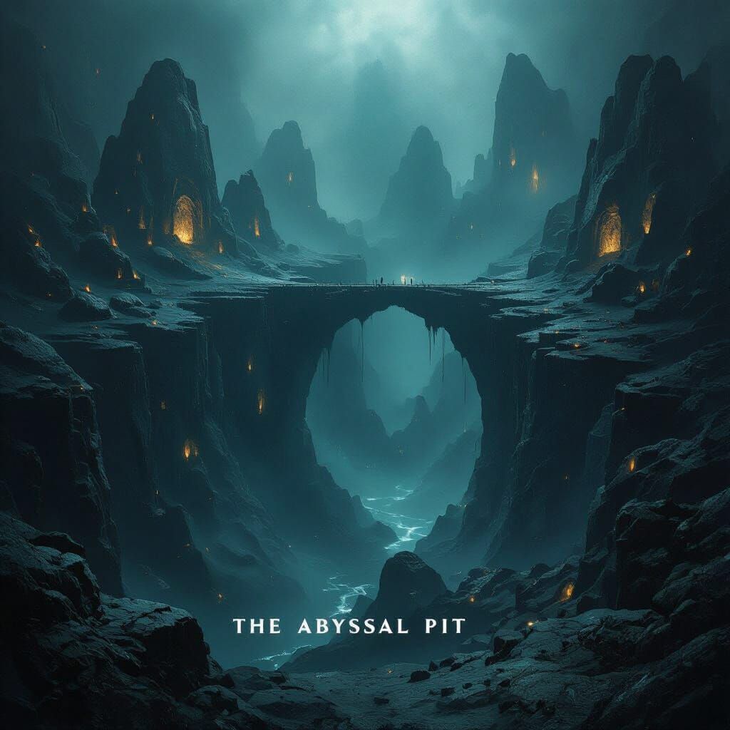 Abyssal Pit with Shadow Bridge in Dark Fantasy Sci-Fi Style
