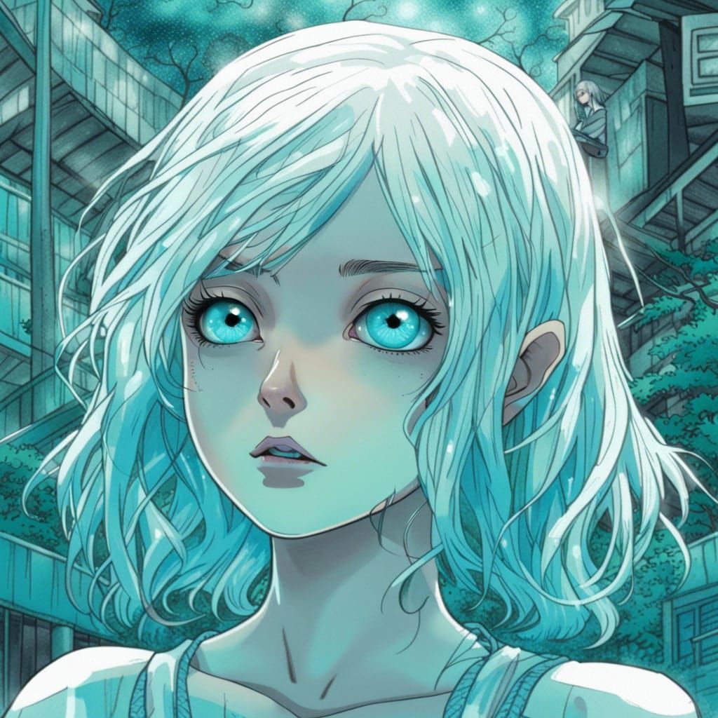 Ghostly Anime Girl in Teal Forest, Manga Style