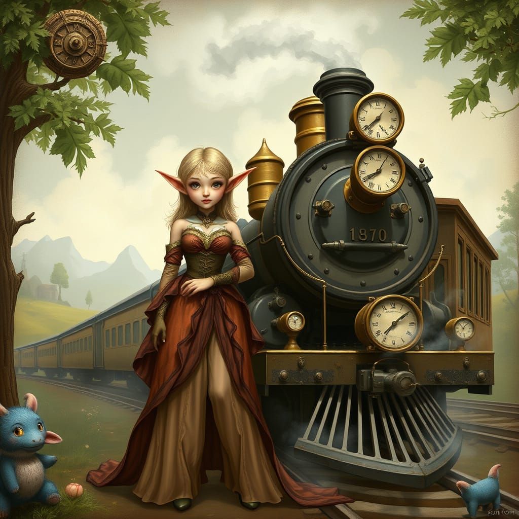 Elegant Elf and Steam Train in Fantasy Landscape