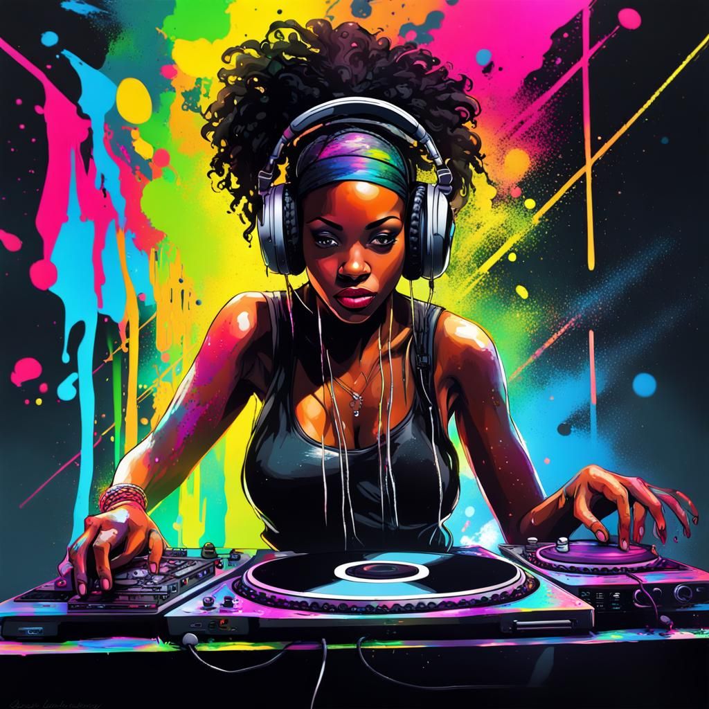 Black Female DJ in Gothic Neon Techno Club