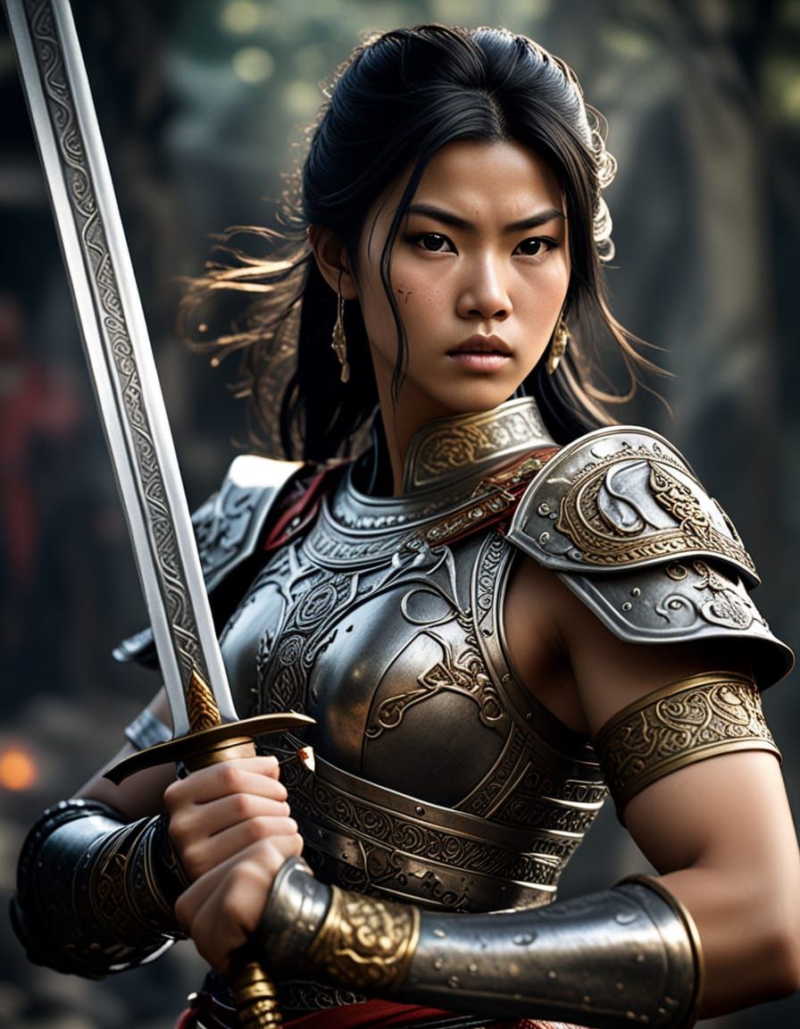 Asian Goddess Ready for Battle, Hyperrealistic Art
