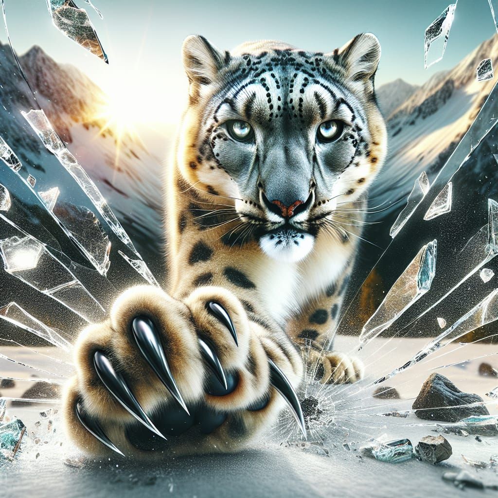 Majestic Snow Leopard Lunging in Hyperrealistic Style