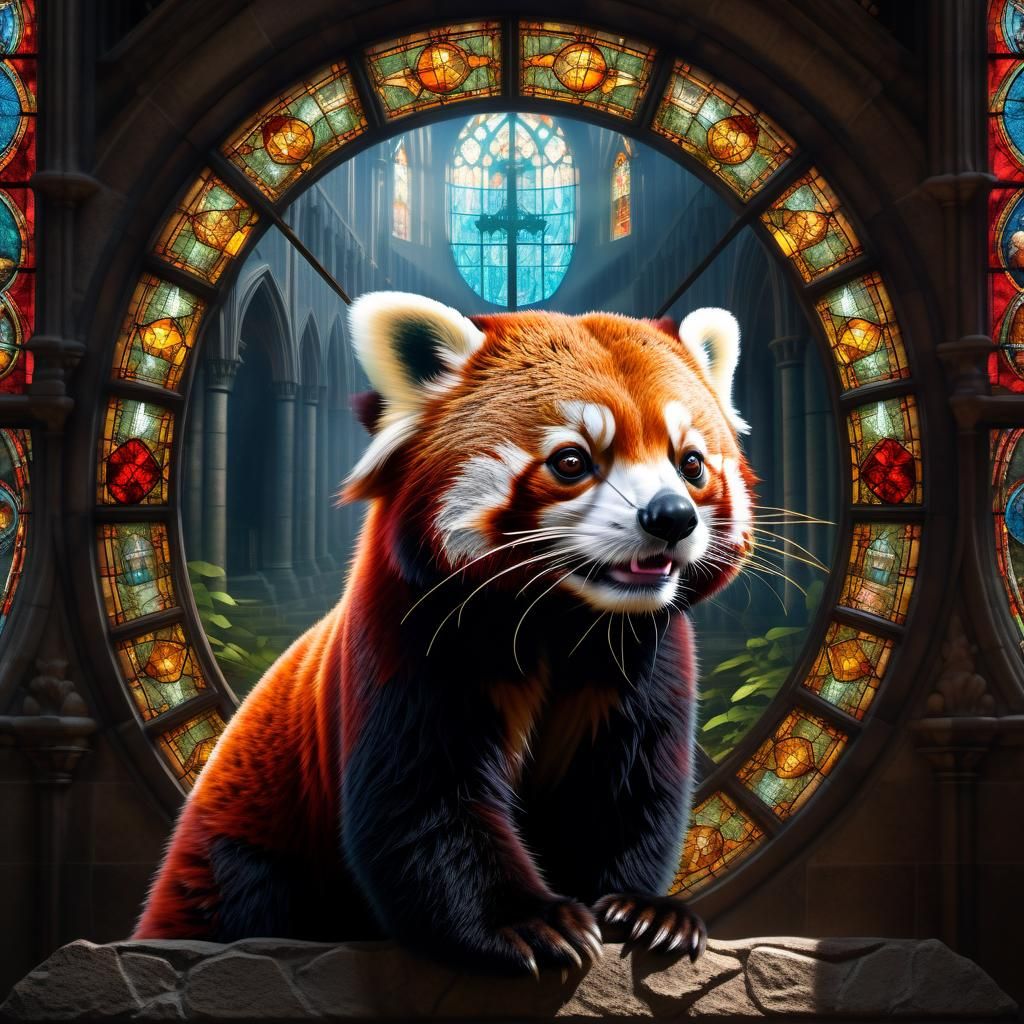 Red panda looking through a hole in a church stained glass w...