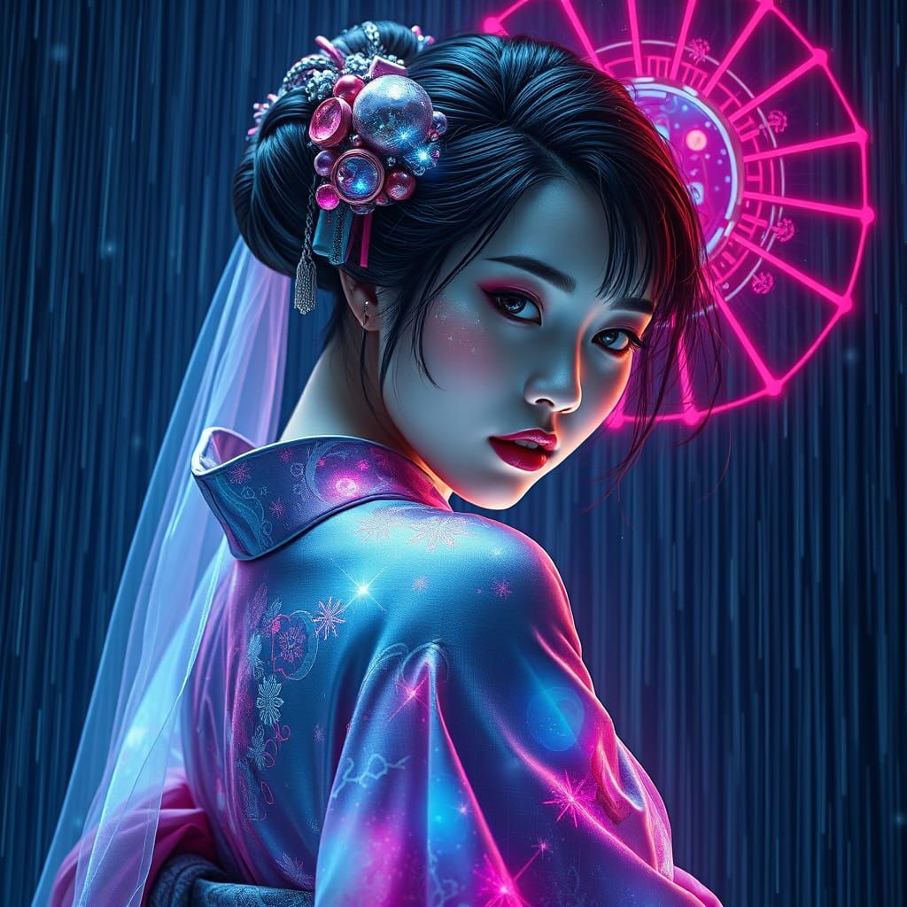 Celestial Cyberpunk Geisha in the Rain
