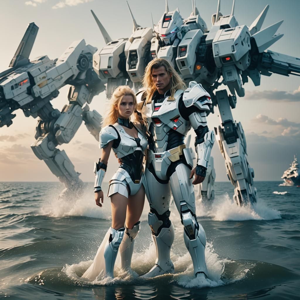 Futuristic Couple with Gundam Mecha in Ocean