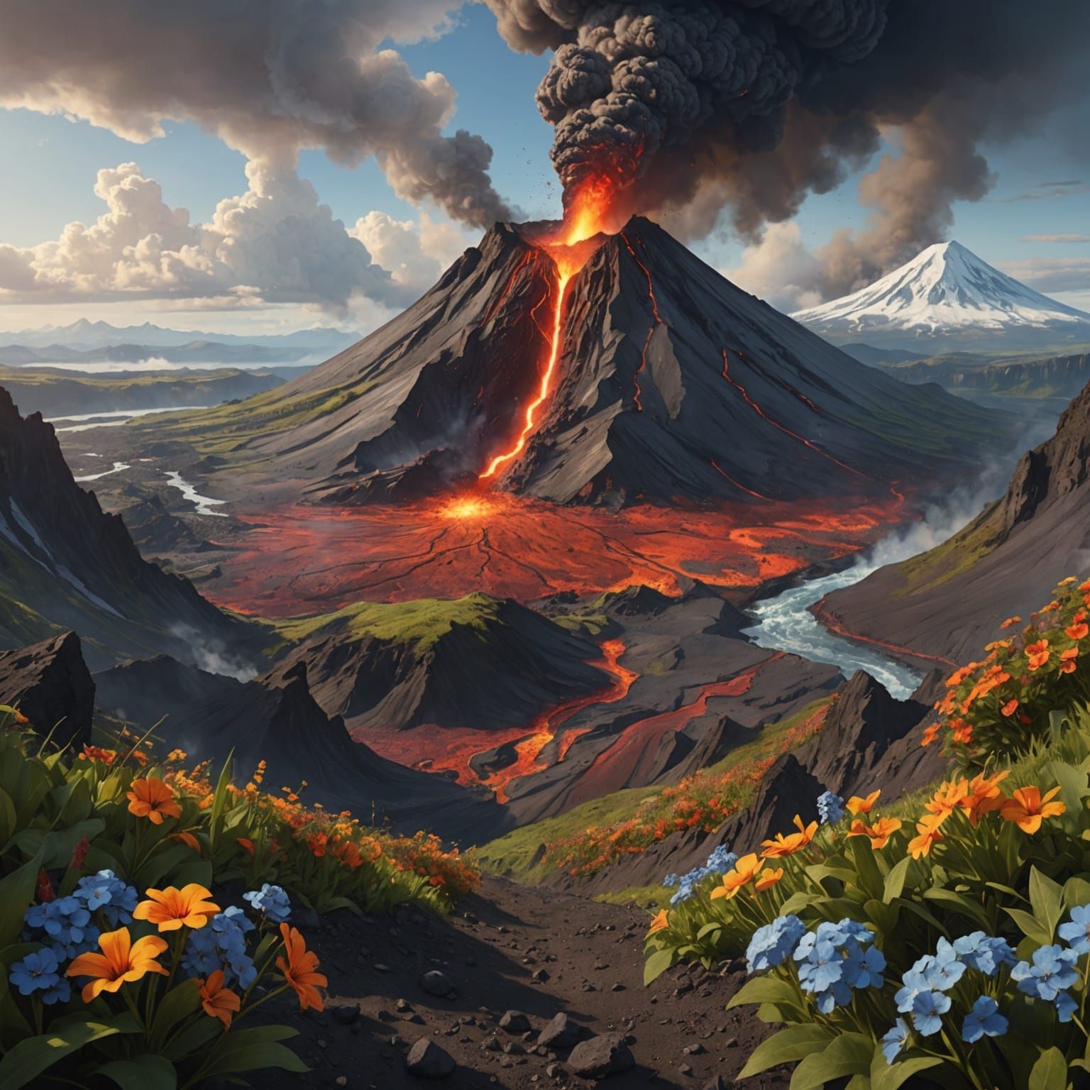 Hyperrealistic Volcano with Lava and Flowers