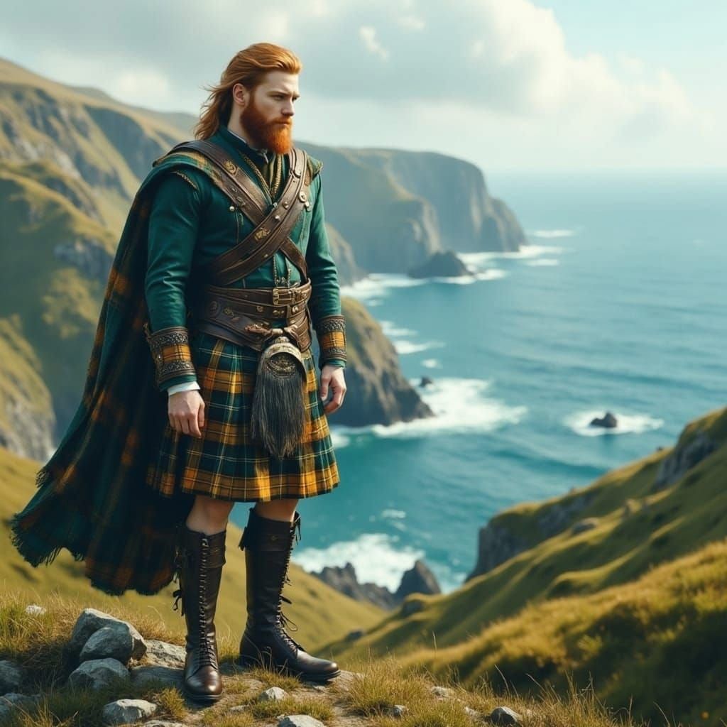 Scottish Highlander on Green Hill Overlooking Sea