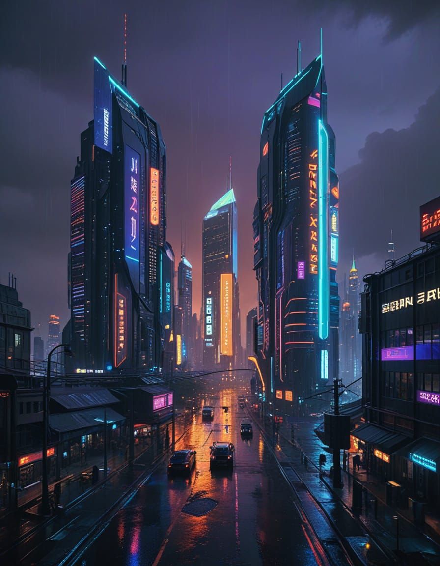 Cyberpunk Cityscape at Night with Neon Lights and Flying Veh...