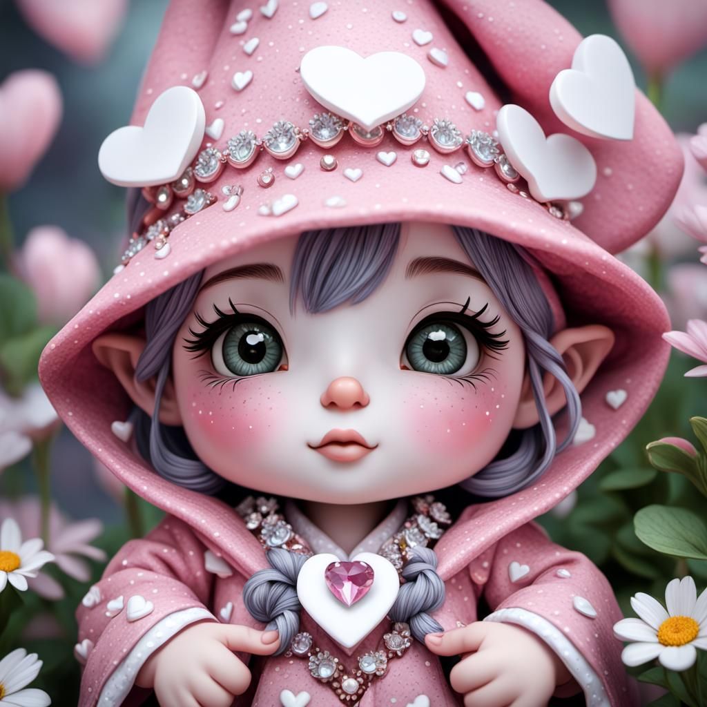 Chibi Gnome Girl with Pink Heart Hat
