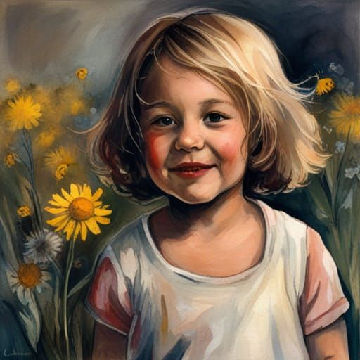 Smiling Toddler with Wildflowers, in Comic Art Style