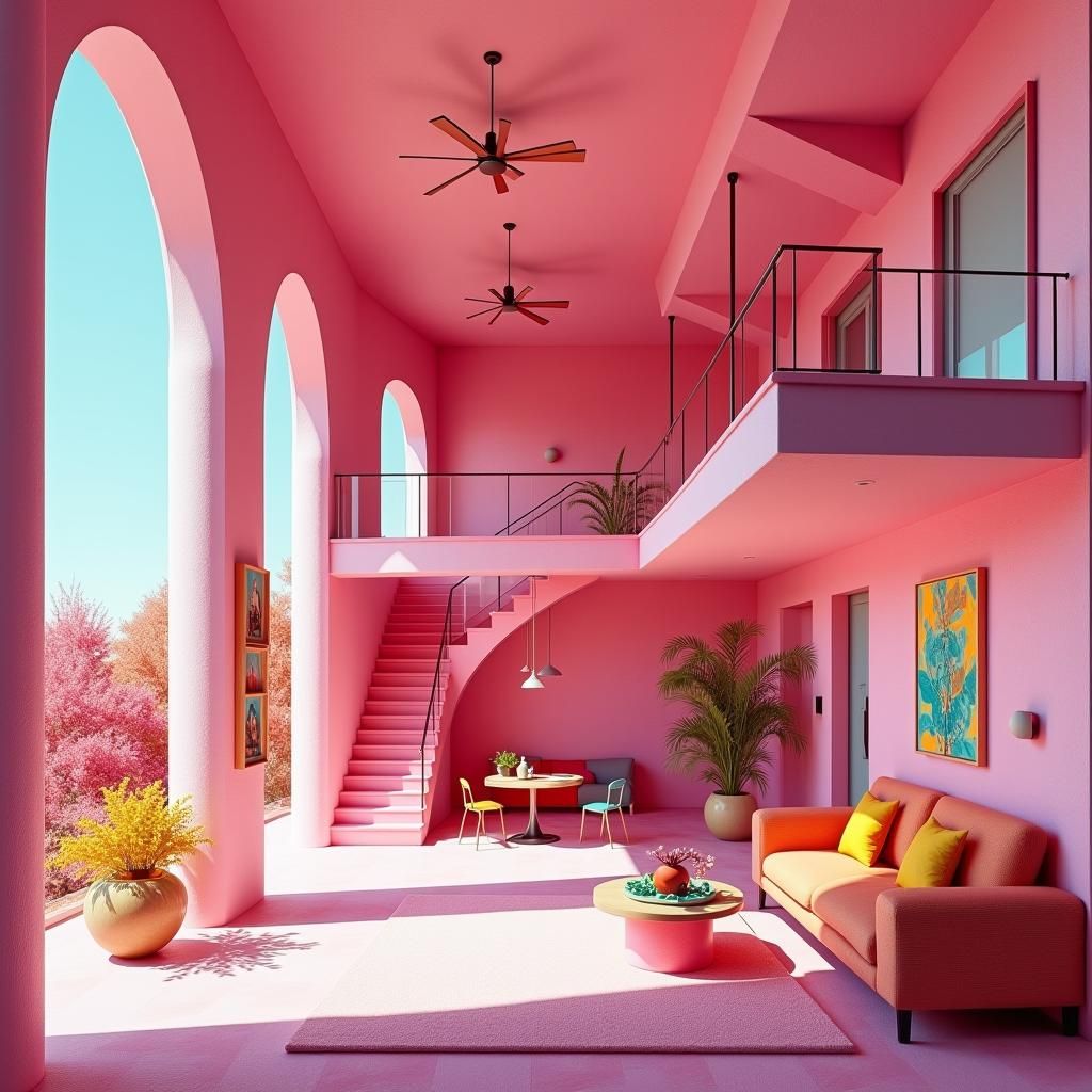 Retro Barbie Dreamhouse Interior in Fantasy Concept Art Styl...