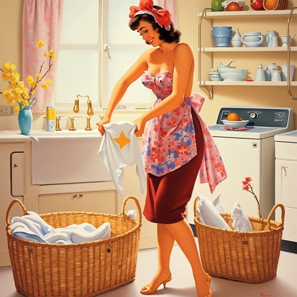 Young housewife doing laundry in a short skirt <lora:Classic pinups:1.0>