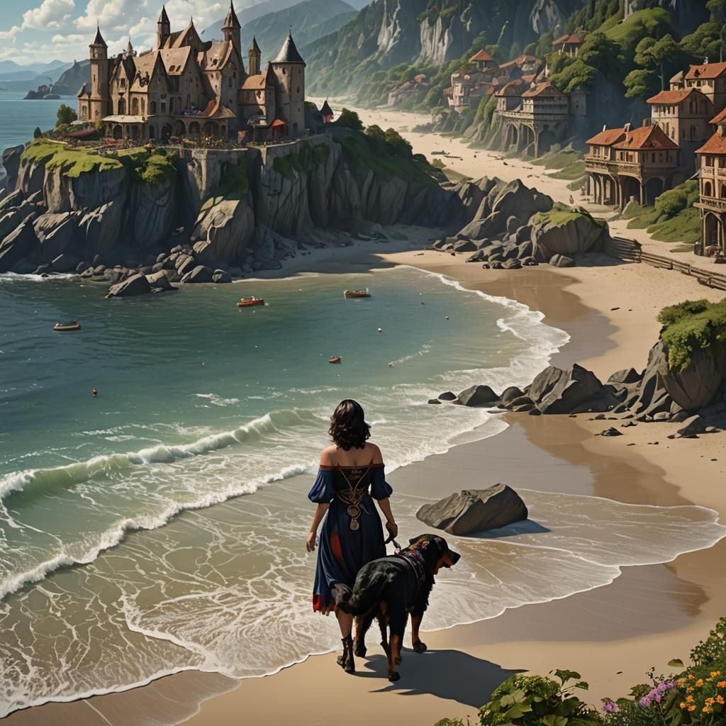 Bernese Mountain Dog with Woman on Beach