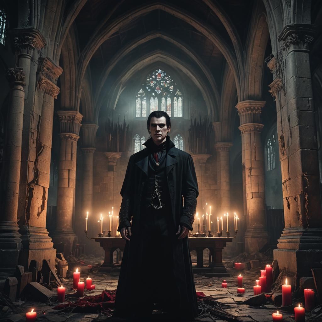 Vampire in Abandoned Church: Dark Fantasy Art