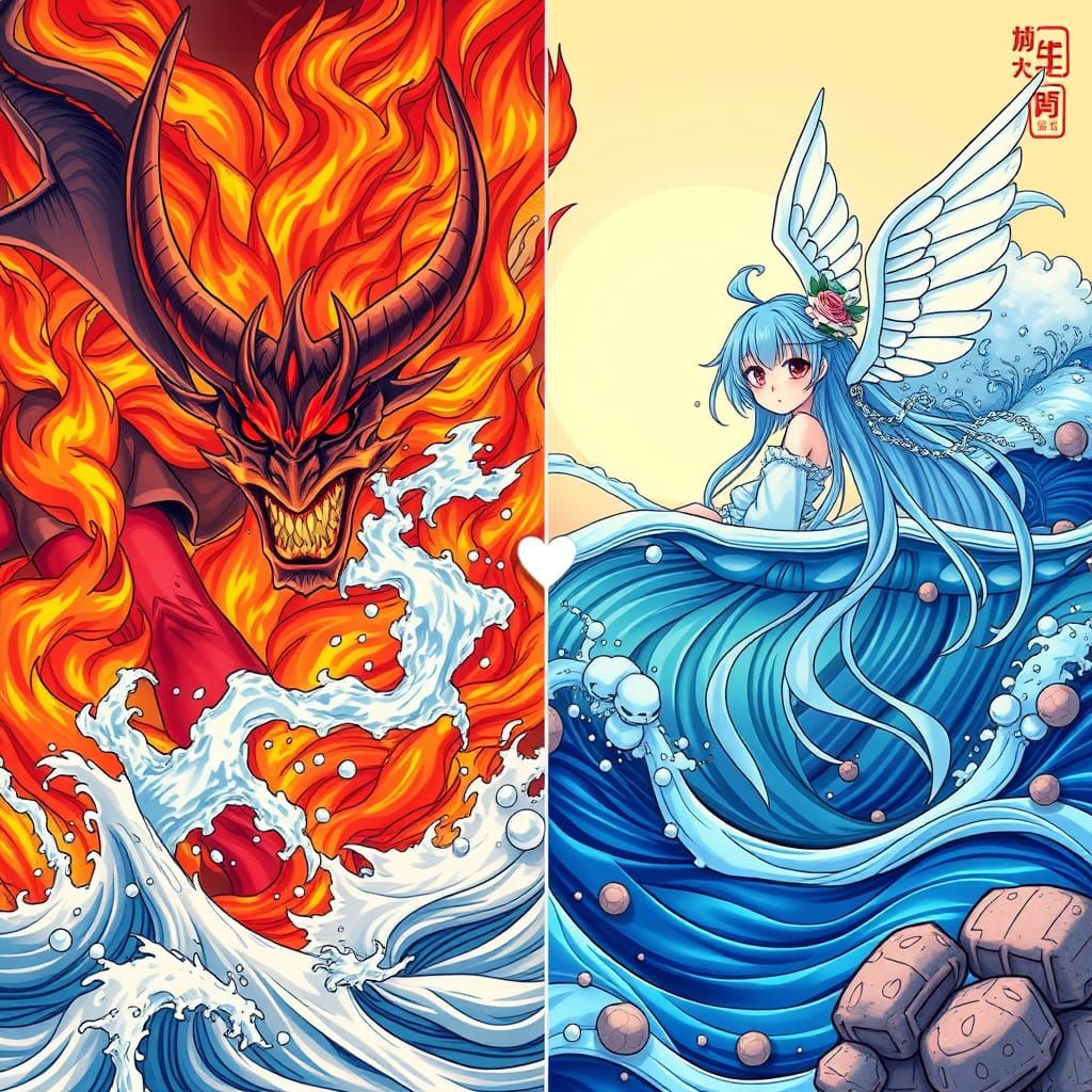 Fire Demon vs Water Angel Split Screen Anime Art