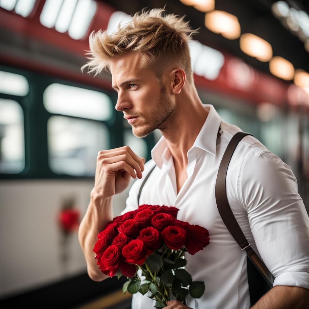Handsome Man with Roses at Train Station