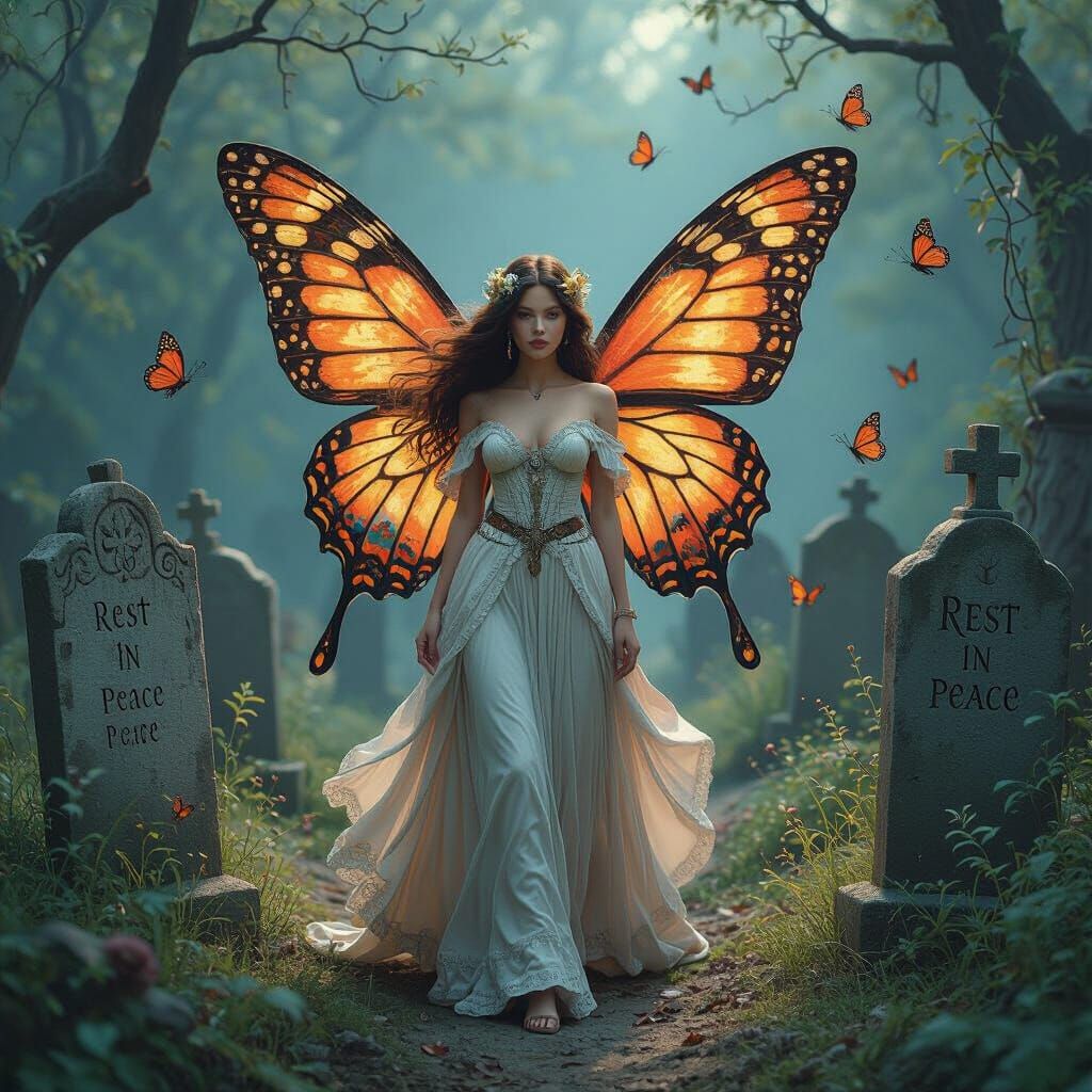 Bohemian Butterfly Woman Emerges from Cocoon Graveyard