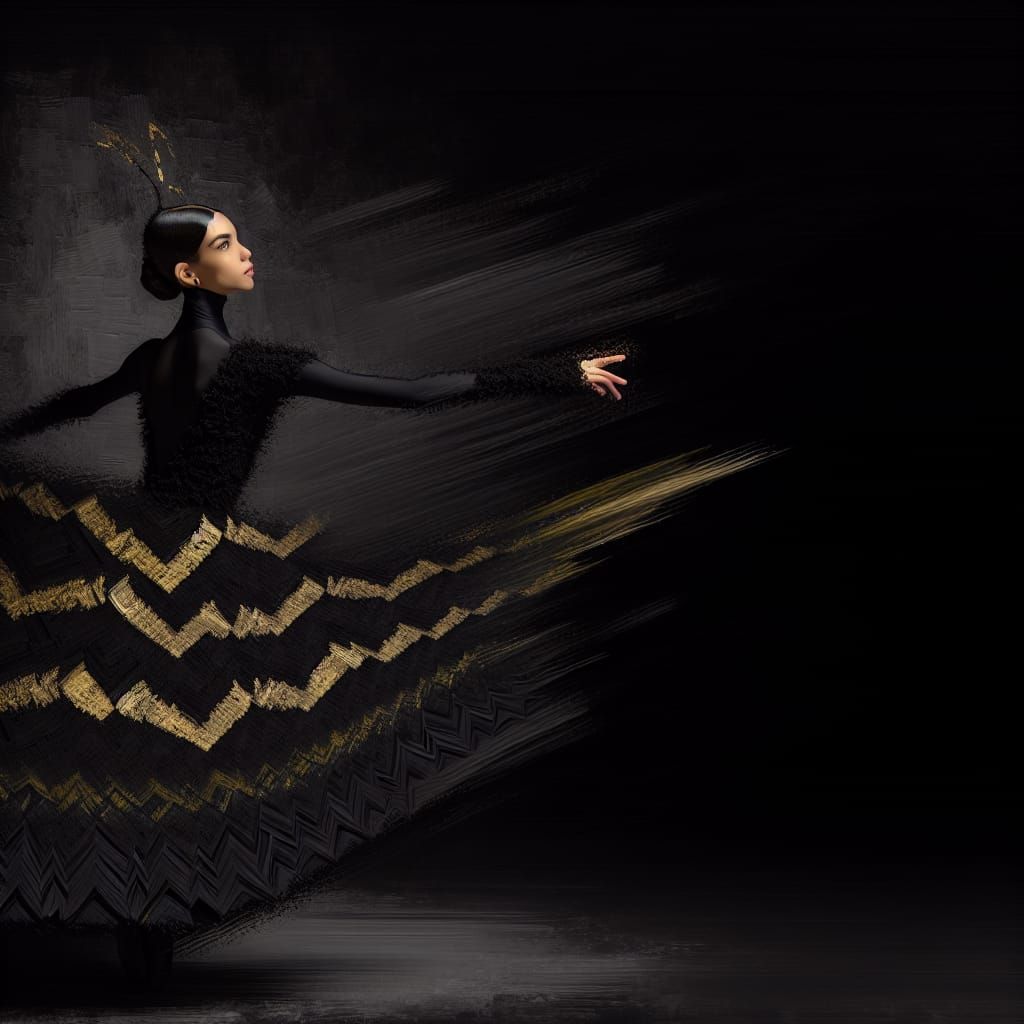 Black Ballerina in Flowing Dress with Golden Accents - Impas...