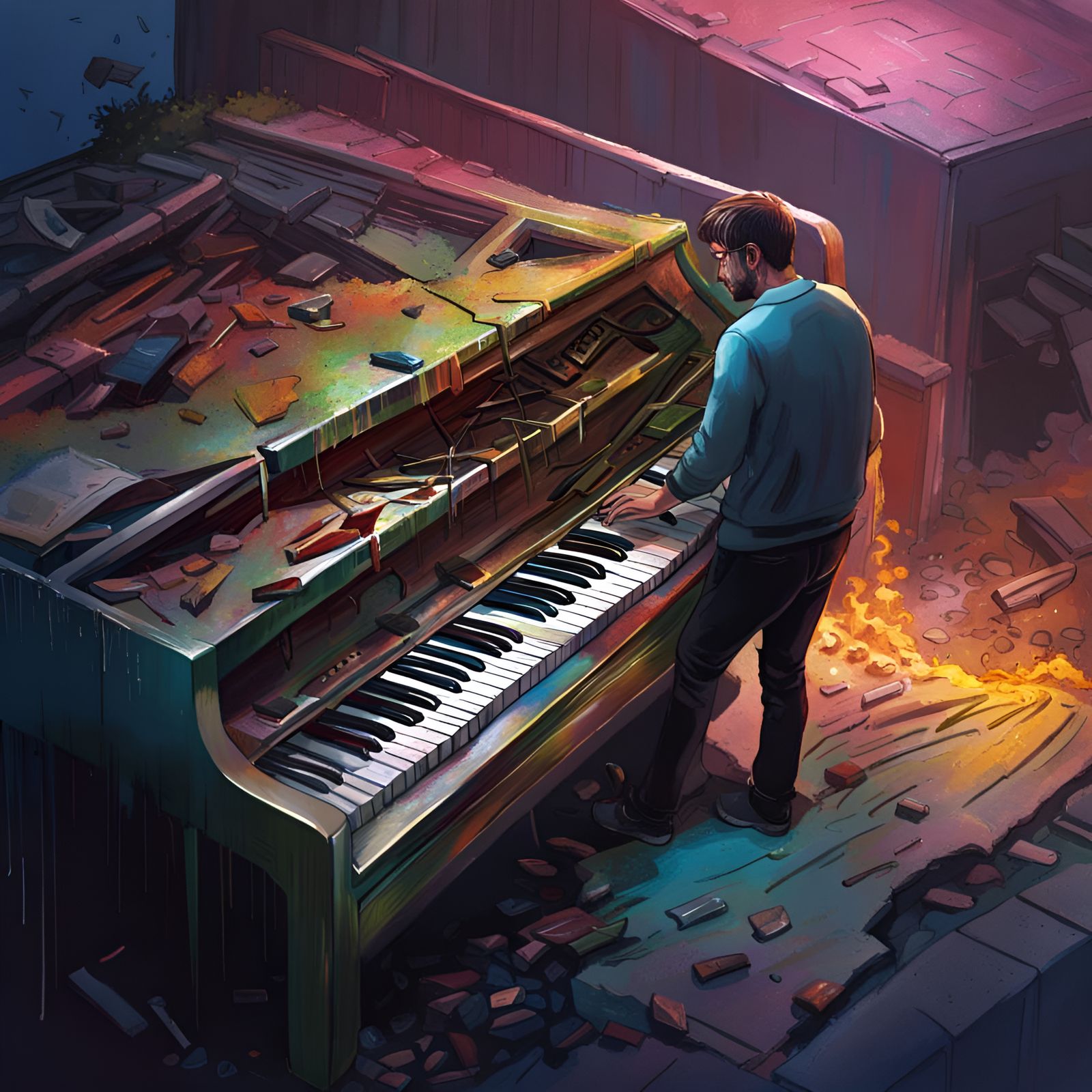 Man Stares at Piano Crashing from Sky: Hyperrealistic Splash...