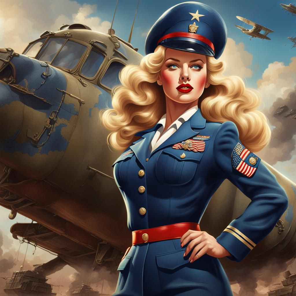 1940s Pinup Illustration of Woman in Army Uniform
