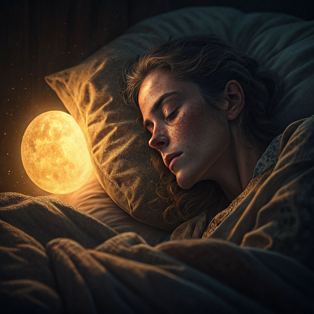 Hyperrealistic Woman Awake in Bed with Golden Moonlight