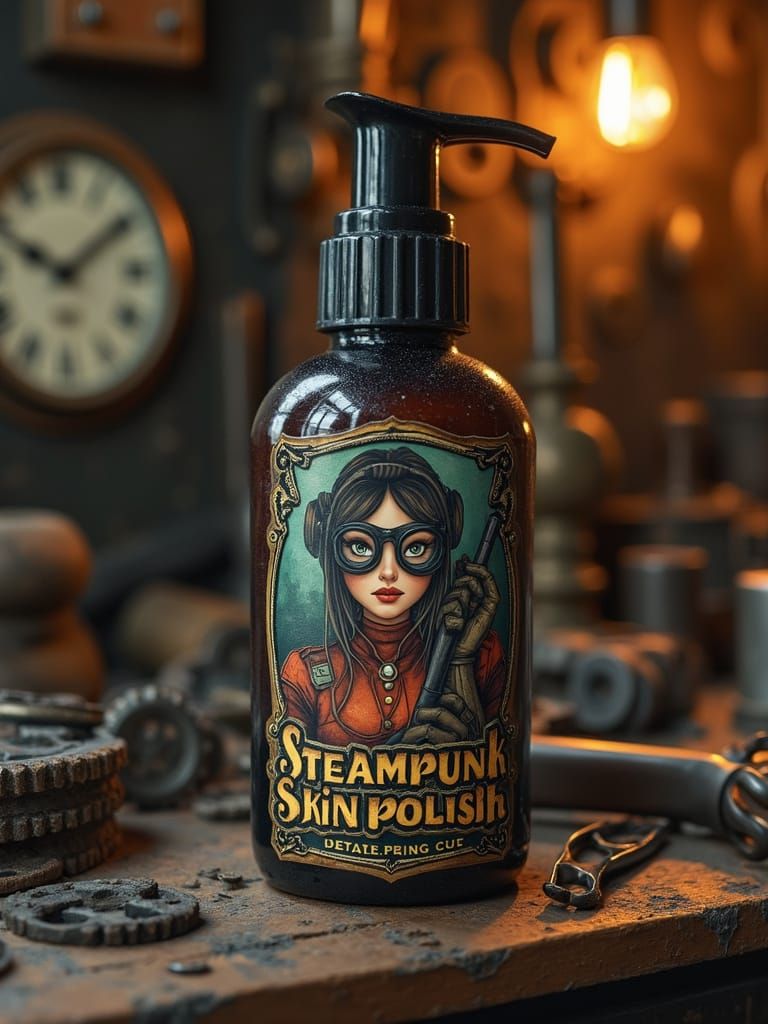 Steampunk Beauty Product on a Gears-Heavy Workbench
