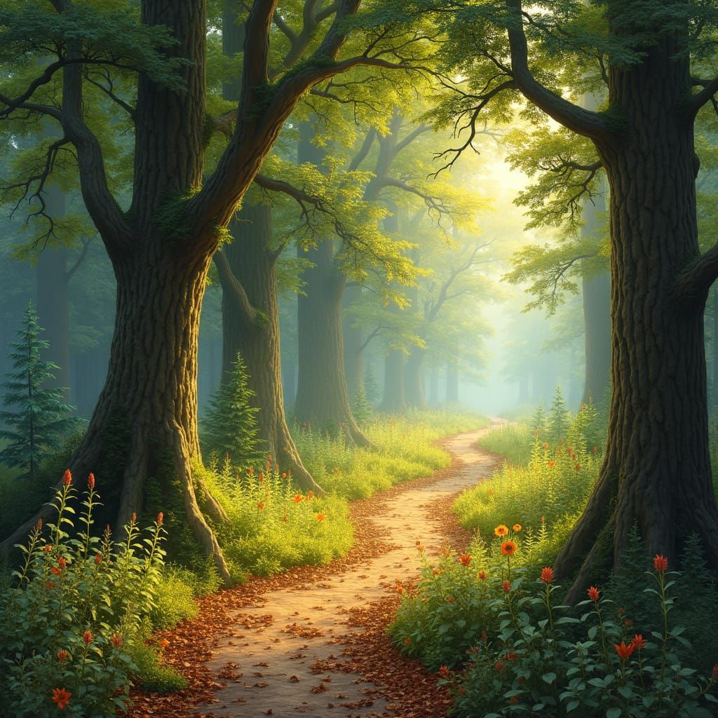 Whimsical Woodland Path in Impressionist Style