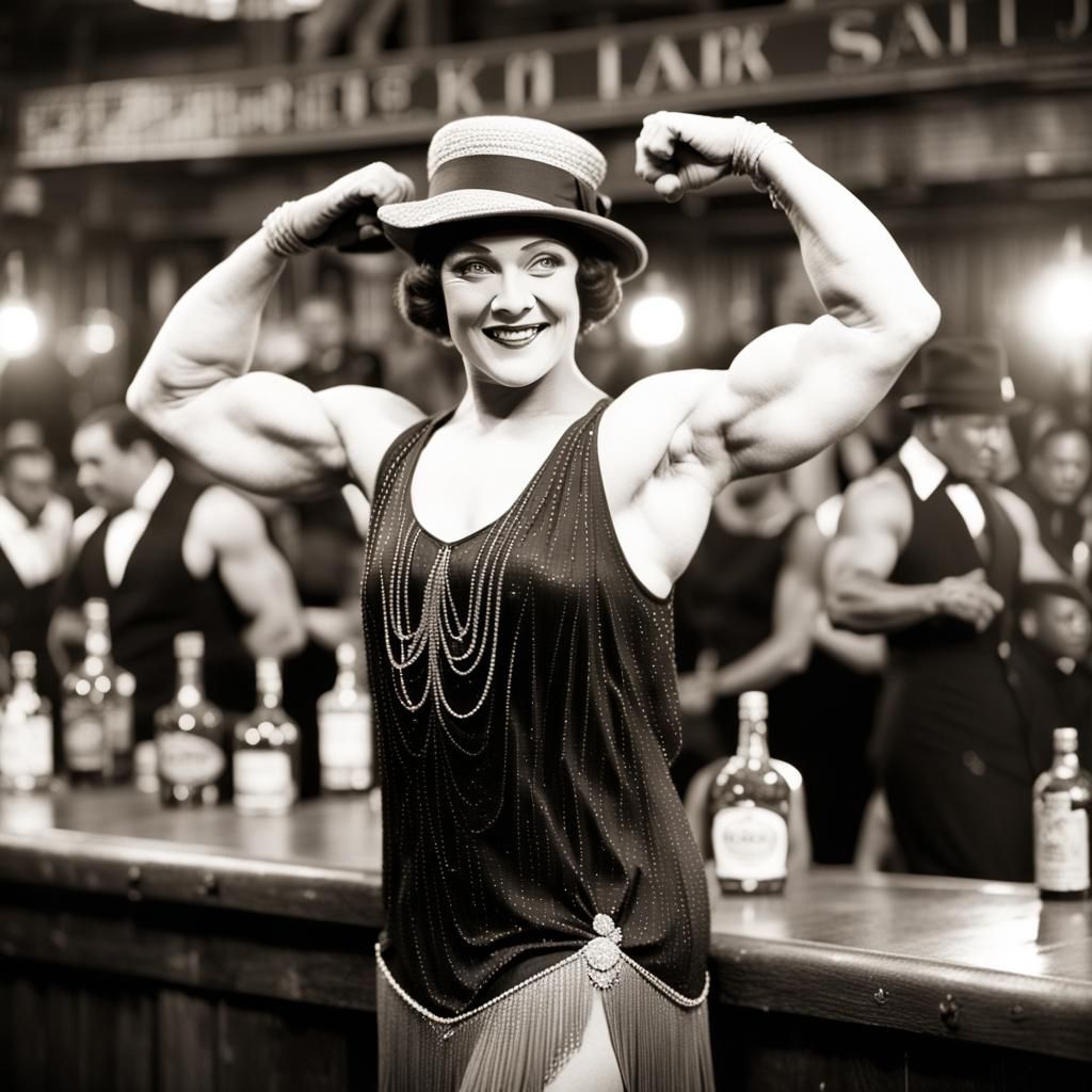 1920s Flapper Bodybuilder at Saloon Bar