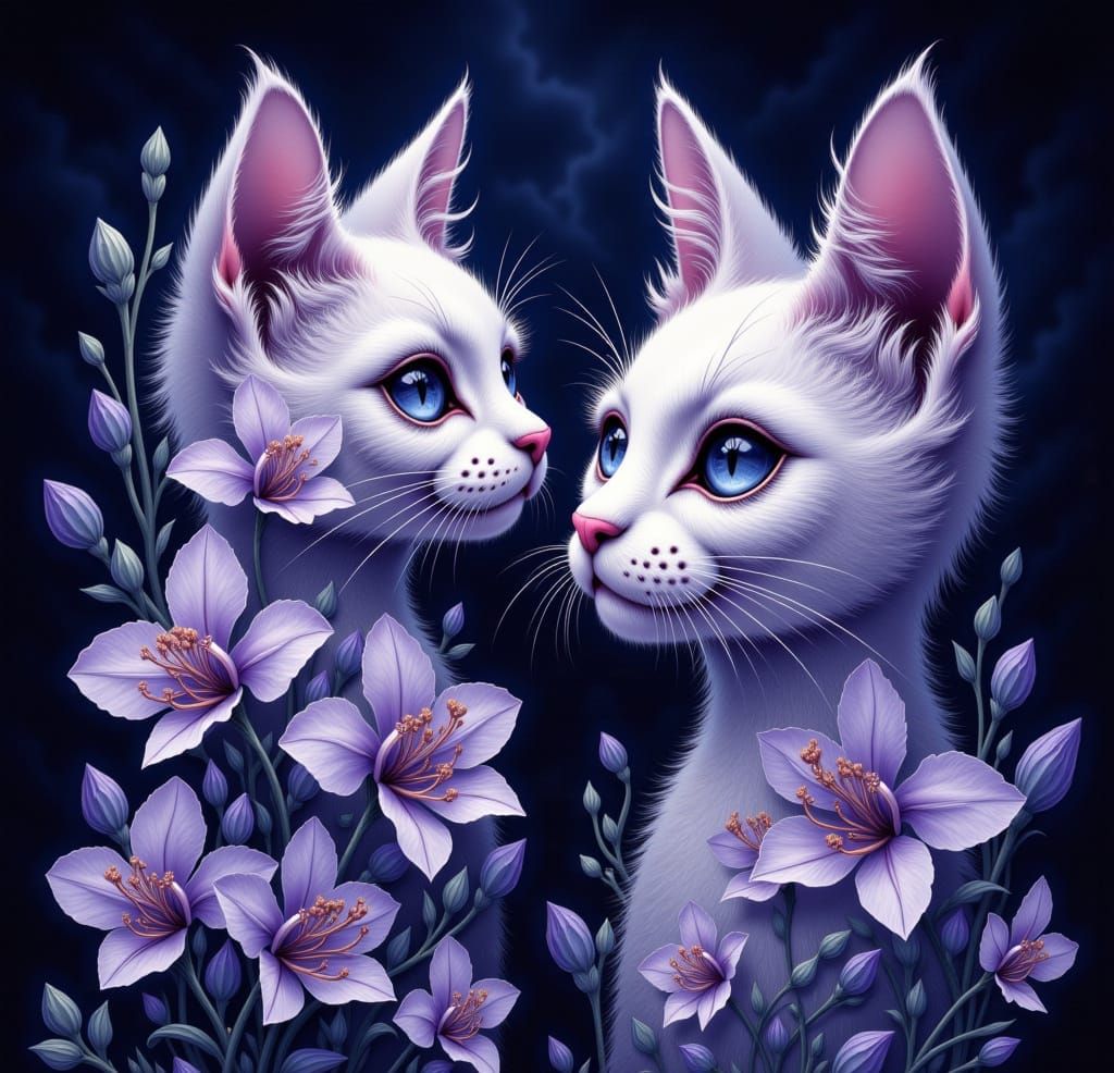 Cat Faces Made of Flowers in Botanical Illustration Style